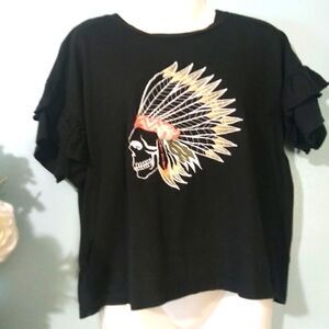 Mango embroidered skull and feathers top with ruffle sleeve